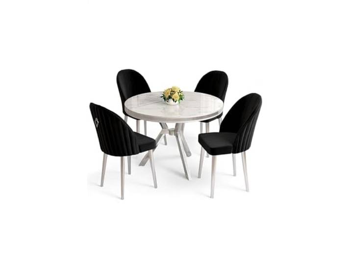 Hanah Home Modern 5-Piece Dining Table & Chairs Set, White Marble Chrome & Black, 90x90 cm Table, Metal Legs, Babyface Fabric, Stylish & Durable