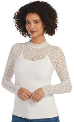 Masseys Stretch Lace Layering Top (Size 1X) Ivory, Nylon,Spandex