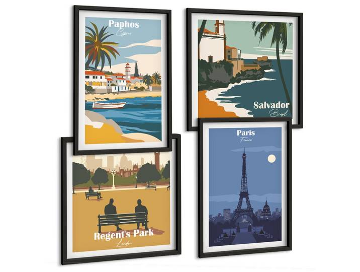 BILDER SET 4er Set - 50x50 cm & 40x60 cm Schwarzer Rahmen - Architektur der Küstenstädte