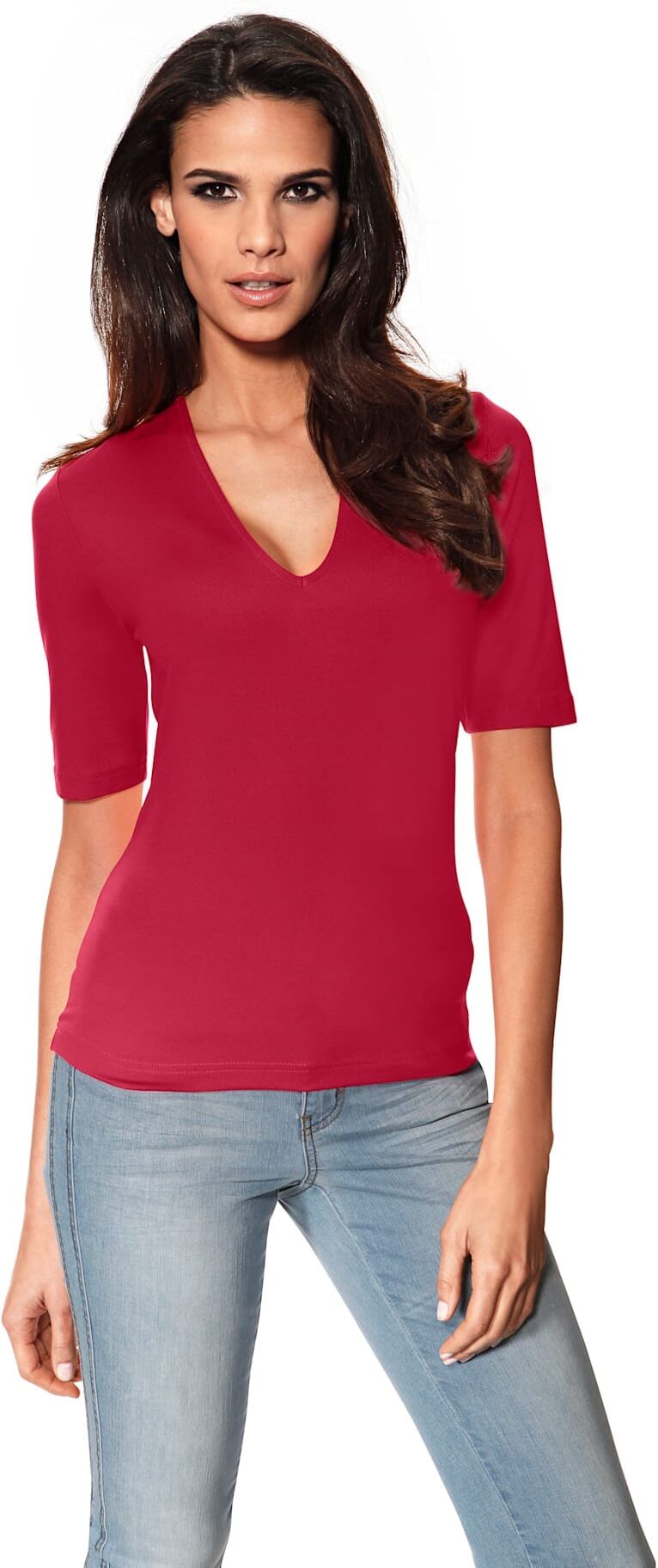 V-Shirt HEINE "V-Shirt", Damen, Gr. 44, rot, 90% Polyamid, 10% Elasthan, unifarben, V-Ausschnitt, Shirts V-Shirt rot 44