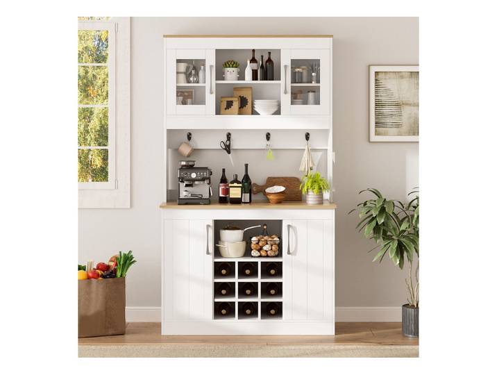 Celya Küchenbuffet Buffetschrank mit 2 Glastüren, Weinregal und Hakenleiste (großer Geschirrschrank Vorratsschrank Küchenschrank) mit offene Ablagefächer und großzügige Arbeitsfläche