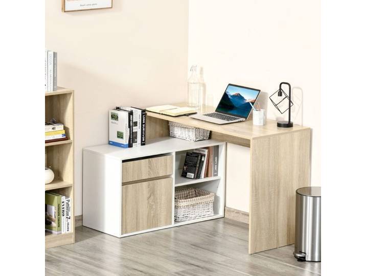 Bureau d'angle pour ordinateur en bois chêne et blanc gain de place pour chambre ou bureau