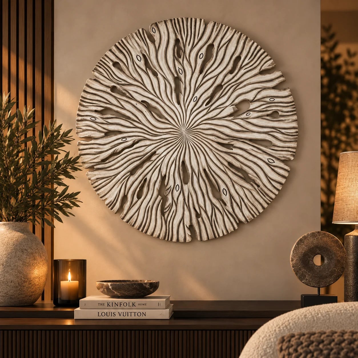 PTMD Wandornament Abstract Wavy Rond - Wit/Beige - Ø 120 cm
