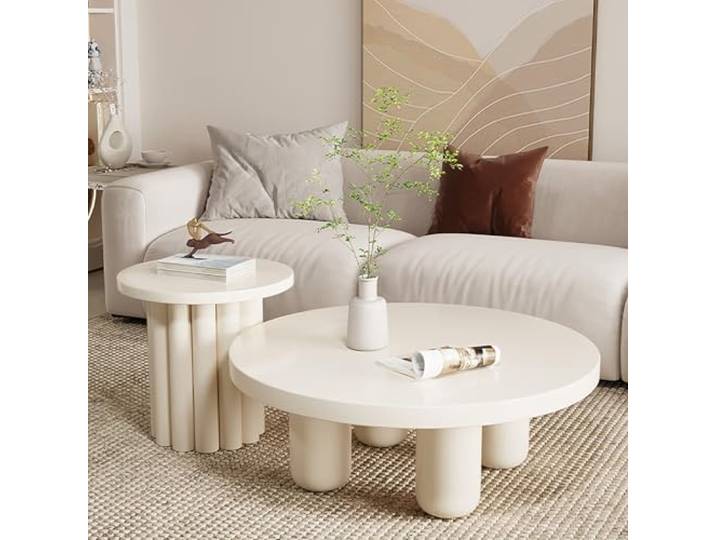SOFACHEN Runde Couchtisch 2er-Set, Mid-Century Modern Beistelltisch Mit Holztischplatte und abgerundeten Ecken, Center-Couchtisch Für Wohnzimmer, Schlafzimmer, Minimalistisch(White,70cm)