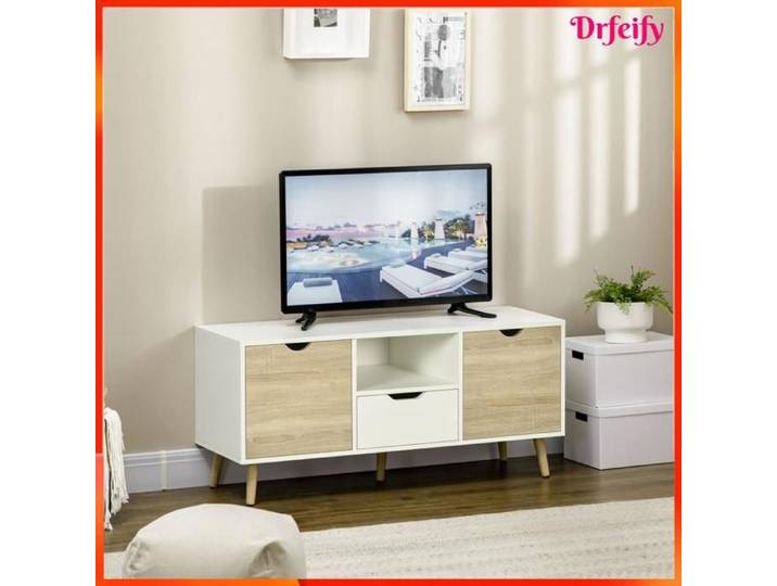 Meuble TV - AKOZON - 8037 - Blanc et aspect bois - 110 x 40 x 50 cm - 2 portes 1 tiroir