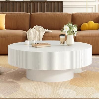 "Round Coffee Table with 6.8"" Thick Tabletop, Modern Drum End Table, Minimalist Fluted Center Table with Sturdy Base"
