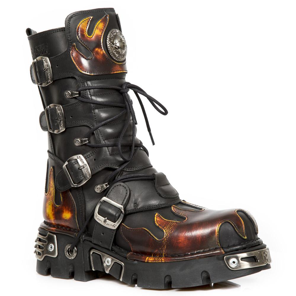 New Rock Flame geaccentueerde zwart/rode leren laarzen - 591-S1