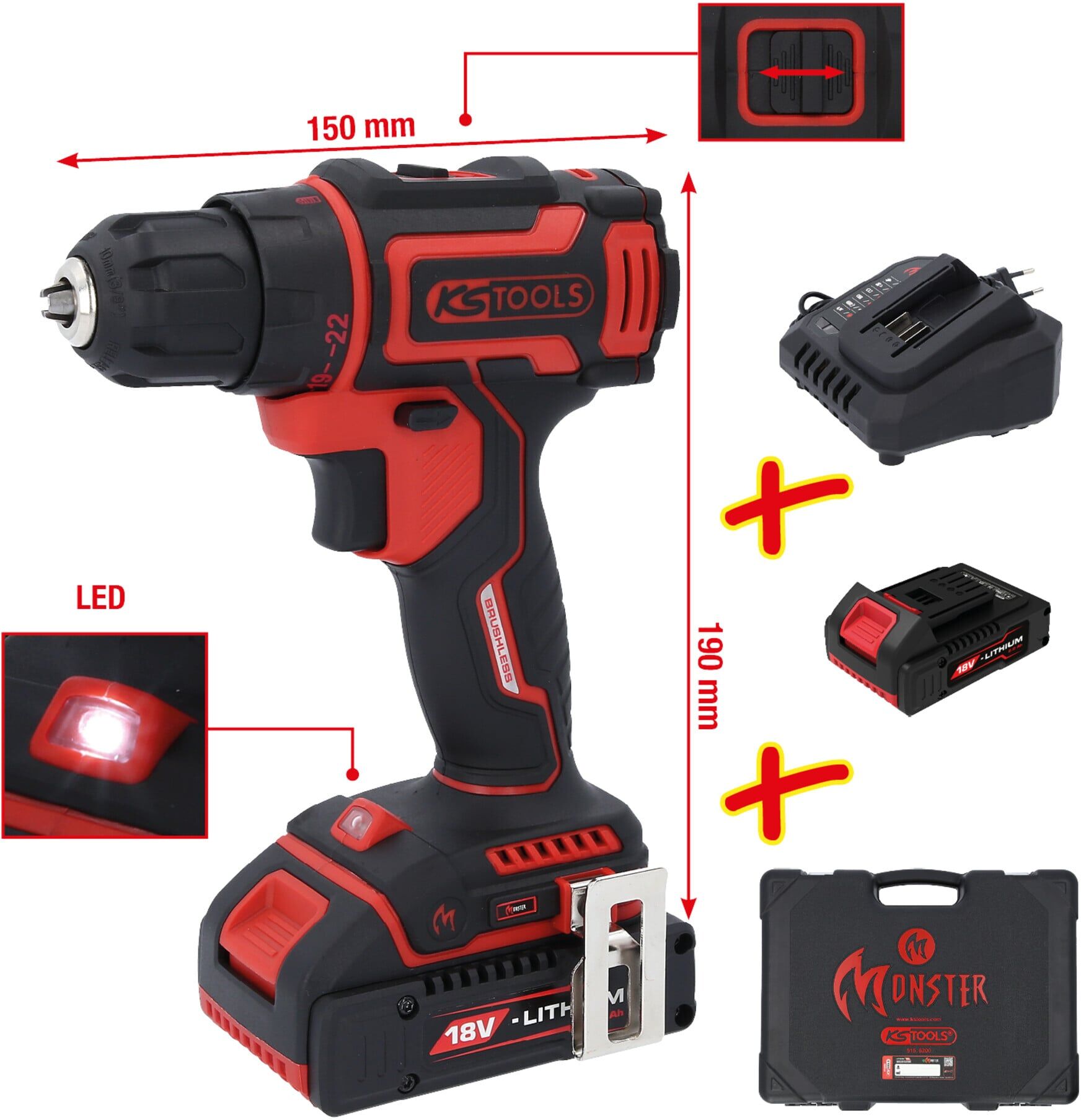 KS Tools eMONSTER Brushless-Akku-Bohr-Schrauber-Satz, 4-tlg (515.6400)