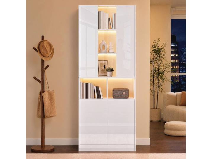 ROVRYN Vitrine haute 70 x 35 x 180 cm fenêtre acrylique LED pilotée par app blanc brillant