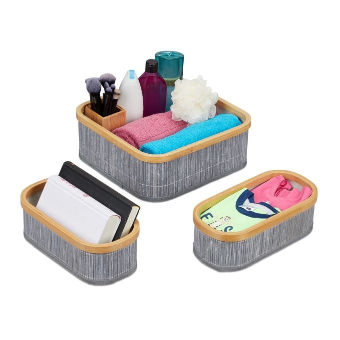 Relaxdays Opbergmand set van 3, grijs en beige, bamboe en textiel, stapelbaar