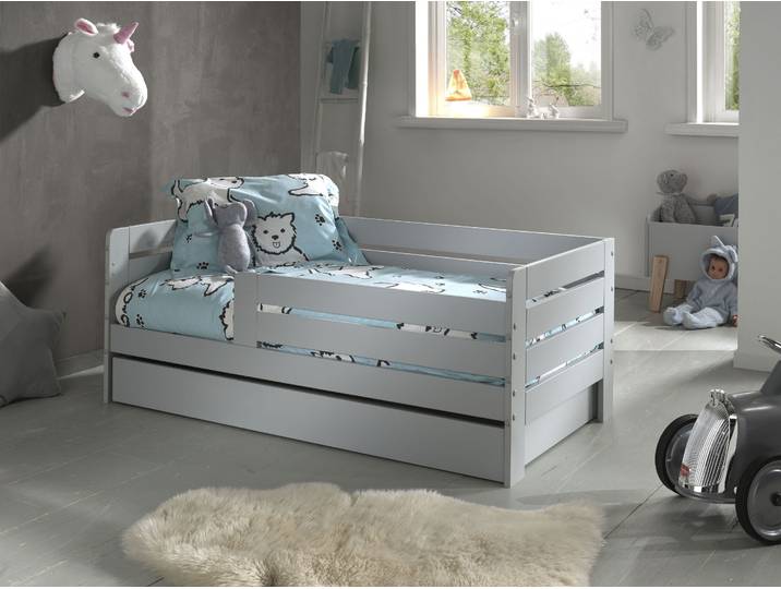 Kinderbett VIPACK Junior, Kiefermassiv mit umlaufendem Absturzschutz und Rolllattenrost , grau (hellgrau), B:76cm H:56cm L:143,6cm, Betten, Kinderbett, wahlweise in 2 Farben, mit oder ohne Schublade