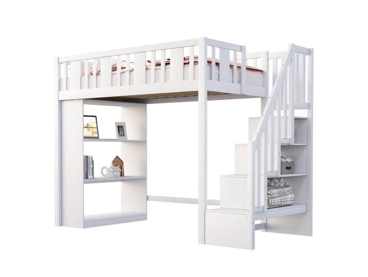 Modfu Hochbett aus Kiefernholz 90x200 cm in Weiß mit Stauraumtreppe, Holz, 90x200 cm, Babymöbel & Kindermöbel, Kinderzimmer & Jugendzimmer, Kinderbetten, Hochbetten