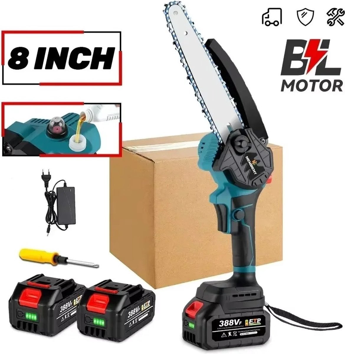 Makita Elektrische mini kettingzaag 8 inch blauw met 2 accu's en snellader
