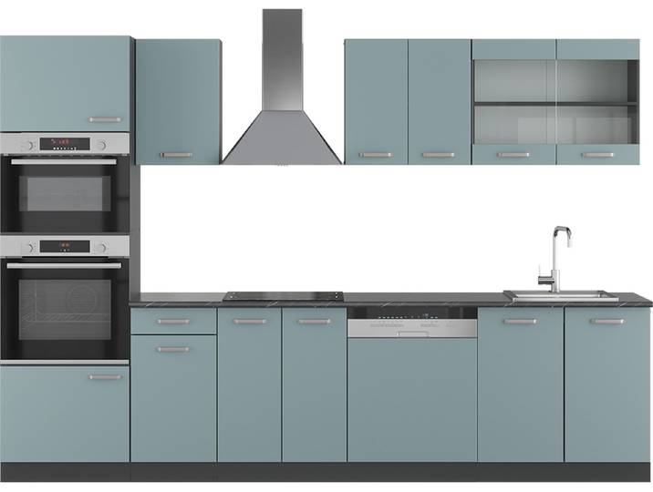 Küchenzeile Vicco R-Line Blau-Grau 300 cm mit Hochschrank, ohne Arbeitsplatte, Model 41025