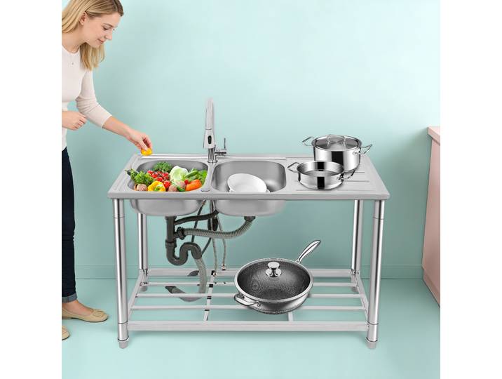 Évier de cuisine multifonctionnel à double bac, évier autoportant en acier inoxydable de 120 cm avec rotation à 360° ° Robinet rotatif extractible et étagère de rangement