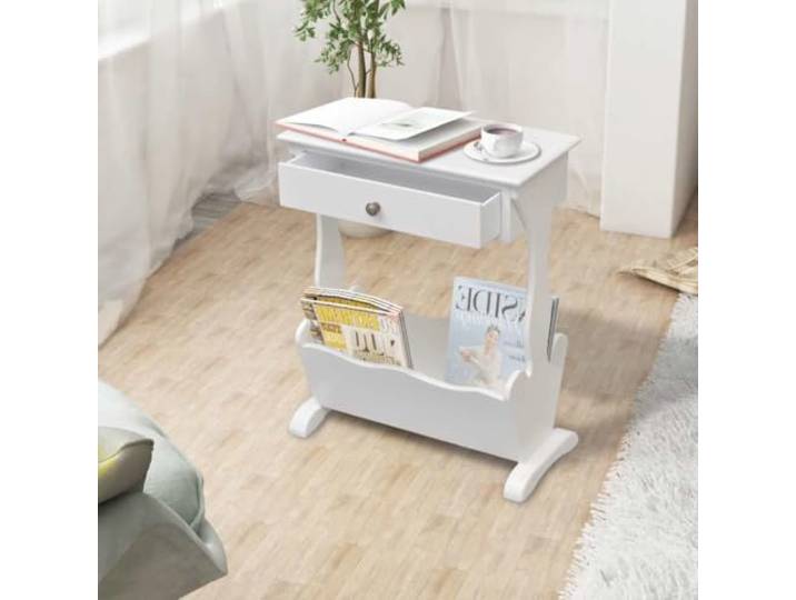 HGPOTUY Zeitschriftenhalter Melrose Weiß mit Schublade als Beistelltisch Weiß, große Schublade, vielseitig, Wohnzimmer, Schlafzimmer, elegant