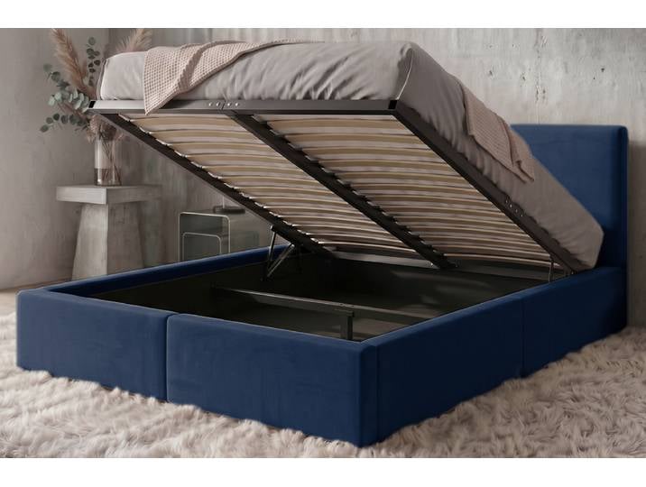 Polsterbett mit Bettkasten Hilton 140x200 cm Blau - Doppelbett mit gepolstertem Kopfteil & Hebemechanismus