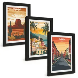 BILDER SET 3er Set - 20x30 cm Schwarzer Rahmen - Landschaften natürlicher Städte
