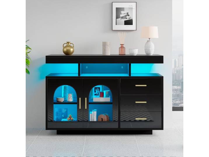 Buffet - TANANT - Buffet bas moderne - 2 portes - 3 tiroirs - Éclairage LED RGB