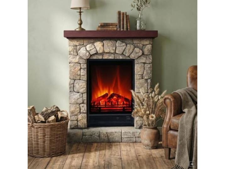 abc HOME Elektrischer Kamin Nordstein in Landhausstil mit Heizfunktion & lebensechten LED Flammen Romantisches Kaminofen-Ambiente Inkl. Fernbedienung für Gemütlichkeit auf Knopfdruck