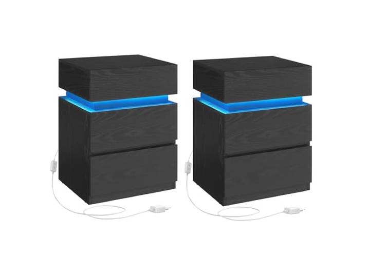 VASAGLE Nachttisch 2er Set, mit Steckdosen, 3 Schubladen, LED-Beleuchtung Beistelltisch, kleiner Tisch, modern, Schiebedeckel, 40 x 35 x 55 cm, Ebenholzschwarz, KAILYN Kollektion LET0830B01