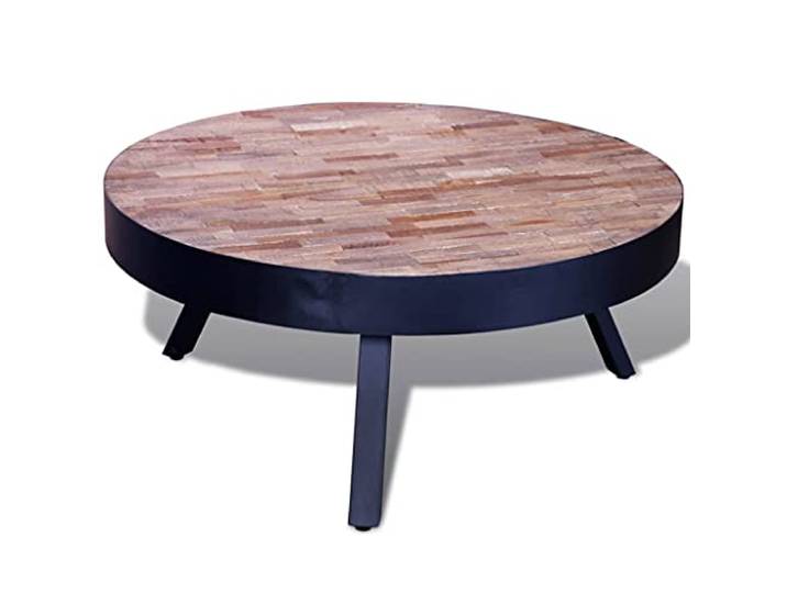 Tmriohed Couchtisch Rund Altholz Teak 76x31 cm Beistelltisch Holz Unikater Kaffeetisch aus recyceltem Teakholz mit 3 Metallbeinen, ideal als stilvoller Akzent im Wohnzimmer.