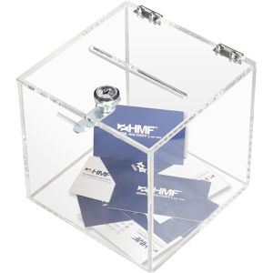 HMF Spendenbox 46919 Würfel, Acryl, transparent, 15 x 15 x 15 cm, abschließbar
