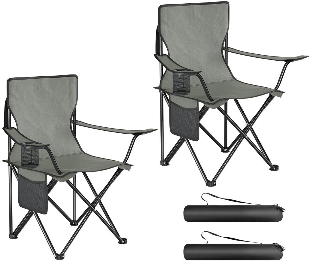 Happy Larry Folding Camping Chairs Set of 2, Portable Fishing Chairs with Cup Holder and Carry Bag, for Garden, Beach, Outdoors, 47x76x81 cm Dark Grey 82cm H X 48cm W X 42cm D