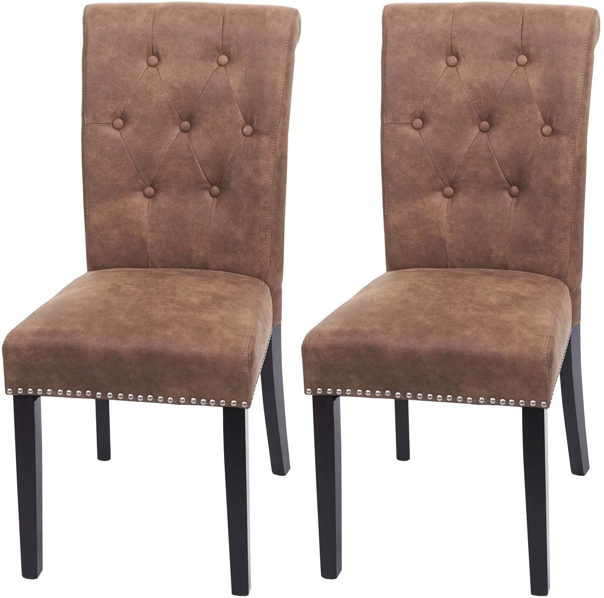 Set van 2 Chesterfield II eetkamerstoelen met klinknagels, bruine stof, donkere poten
