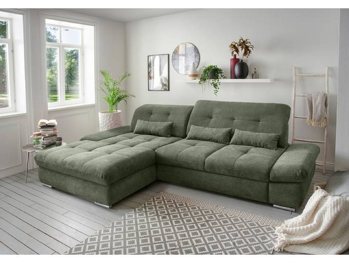 Ecksofa mit Schlaffunktion Grün Webstoff Jimin 300 x 86 x 196cm Longchair davorstehend links mit Schlaffunktion Modern