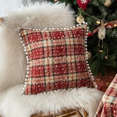 DynamicDeals Cozy Christmas Tartan Plaid Pillow Cover For Sofa And Bed Decor 1pcs Pom
