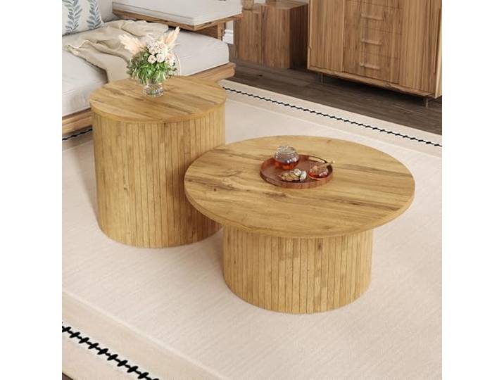 ModernLuxe Rundes Couchtisch Set aus Naturholz, 2-teilig – Doppelter runder Beistelltisch mit vertikalen Holzlatten, Skandi & Japandi Wohnzimmertisch, abgerundete Ecken,Holzfarbe