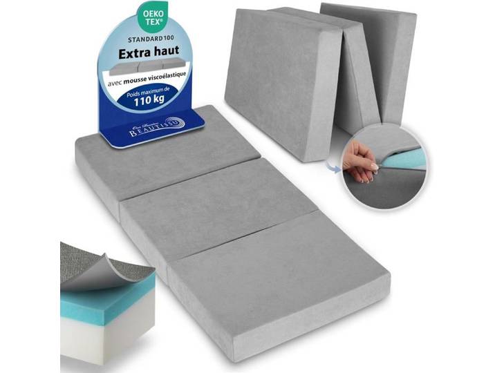 Beautissu XL Premium Matelas Pliable 90x200 cm Gris avec housse – Épaisse 14 cm Degré Fermeté H3 & Housse Lavable – Matelas Voyage
