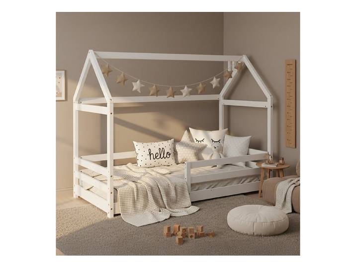 Homestyle4u Hausbett Kinderbett 80x160 mit Lattenrost Hausbett Bodenbett Junge Mädchen (Set, mit Lattenrost), Kiefer
