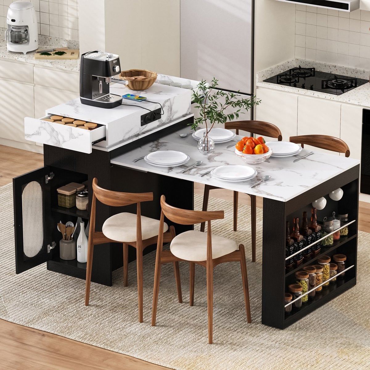 KOMHTOM Keukeneiland met wieltjes en uitschuifbare eettafel met opklapbaar blad, zwart