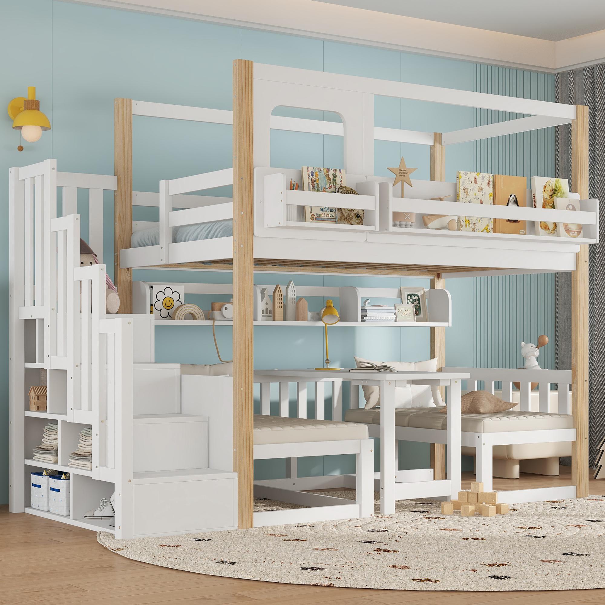 Flieks Etagenbett 90x200cm mit Höhenverstellbarer Klapptisch, Hochbett mit Stauraumtreppe und Rausfallschutz, Kinderbett Hausbett Stockbett, Weiß