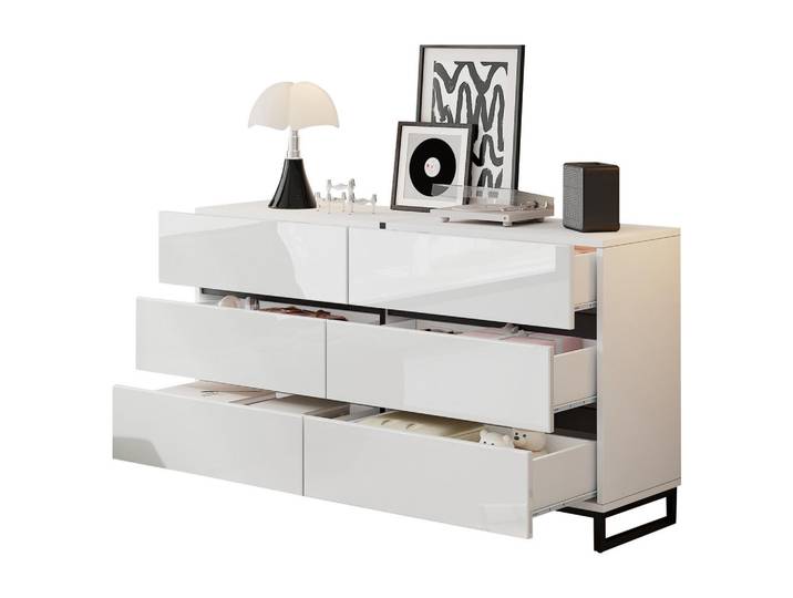 Stilvora Sideboard in Weiß Sideboard mit 6 Schubladen, Hochglanzfront und 3 Metallbeinen für Wohnzimmer, B140/T39,5/H78,5 cm, Rechteckig,Rechteckig, eckig, 140x78.5x39.5 cm, Kleinmöbel, Kommoden, Sideboards