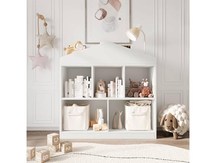 GarveeMore Kinderbücherregal in Hausform, 90 cm – Offenes Bücherregal mit 5 Fächern & Dachablage, Kinderzimmer Aufbewahrung, MDF, Weiß