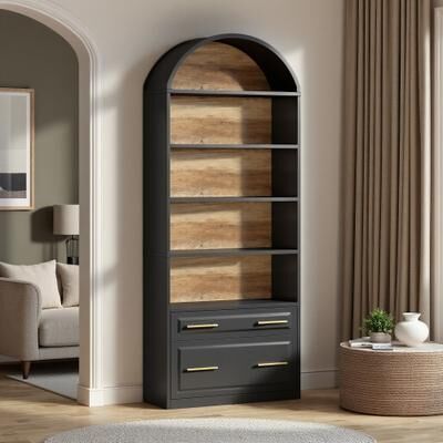 ZWYO HOSIMU 5-Tier Arched Display Bookshelf with Storage Drawer, Filing Cabinet & Anti-Tip Kit