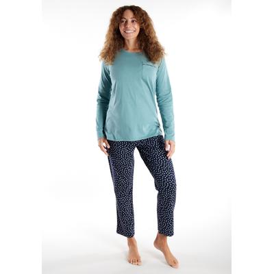 Schlafanzug GÖTZBURG "Katerini", Damen, Gr. 44 (XXL), grün (grün, hell, allover), Obermaterial: 100% Baumwolle, bequem lang, Rundhals, Homewear-Sets Schlafanzug, Rundhalsausschnitt, Langarm, lange Hose, Baumwolle, bequem