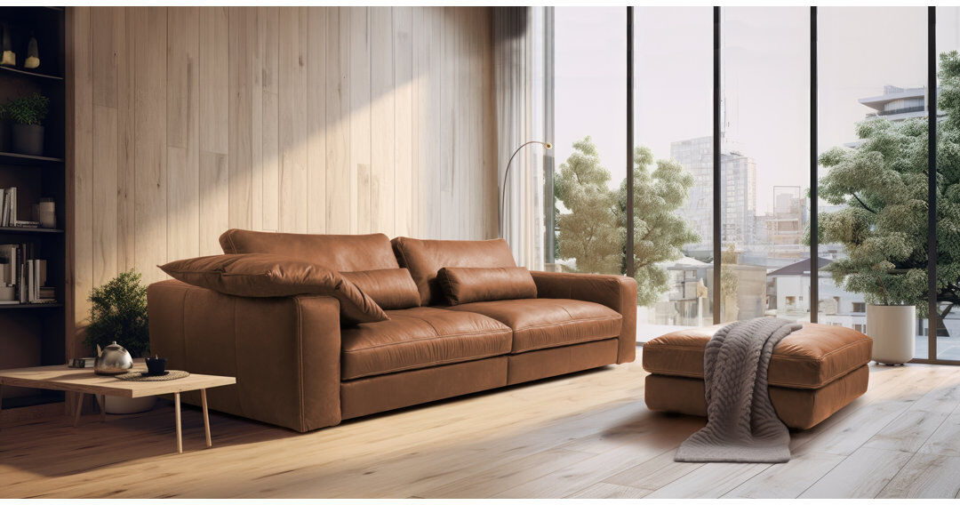 Ebern Designs Parven 4 Seater Genuine Aniline Leather Big Sofa Brown/Tan 85cm H X 300cm W X 123cm D