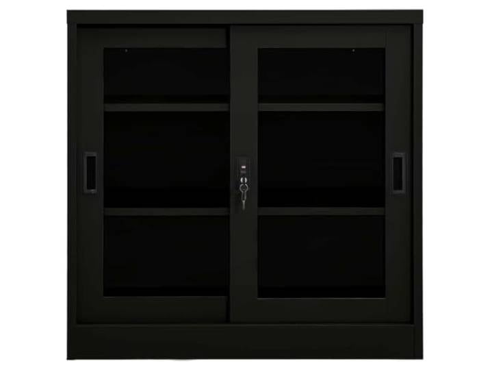 HKLGBVCR Schrank mit Schiebetüren, Schwarz, 90 x 40 x 90 cm, Stahl Hartglas, 2 verstellbare Einlegeböden, Schloss, kleine Gänge, begrenzter Platz, Ordneraufbewahrung