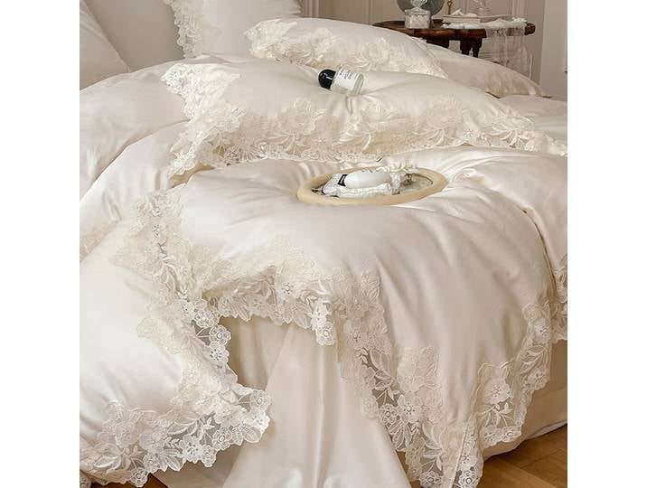 Parure de Lit Romantique en Coton Égyptien pour Femme, Ensemble de Literie Chic avec Bord en Dentelle et Fleurs, pour Mariage Français, Drap et Taies d'Oreiller, 1000TC