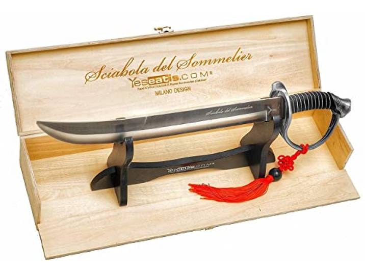 YesEatIs - Champagnersäbel für Sommelier mit Holzvitrine - Stahlgriff - 2 Zierbänder inklusive