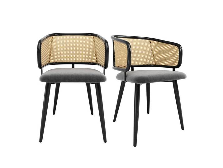 MODFU Esszimmerstuhl Loungesessel,Kosmetikstuhl (2er-Set Esszimmerstühle mit ergonomischer Rattan-Rückenlehne, atmungsaktivem Samt-Sitzkissen & stabilen Eisenbeinen., 2 St)