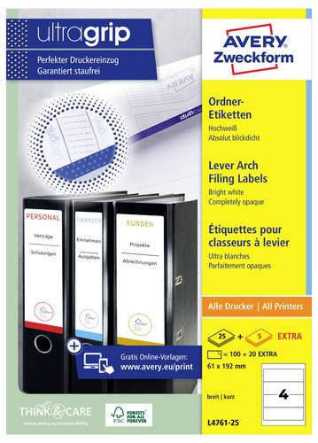 Avery-Zweckform Ordner-Etiketten L4761-25 61 x 192mm Papier Weiß Permanent haftend 120St.