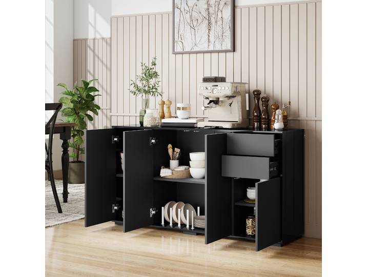 HOMCOM Buffet 2 Tiroirs 4 Portes Noir 140x36x74cm Etagère Réglable