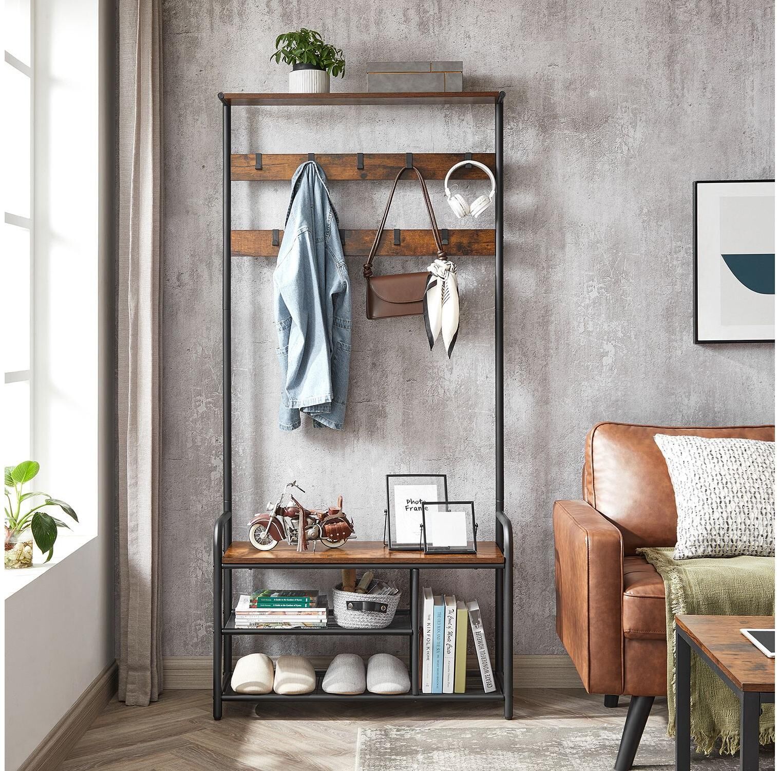Garderobenständer VASAGLE "mit Schuhregal 85 cm x 180.5 cm", beige (braun, schwarz), B:85cm H:180,5cm T:30cm, Eisen, MDF, Metall, Garderobenständer, Garderobenständer, Garderobenständer mit Schuhbank und neun Haken braun, schwarz Einheitsgröße