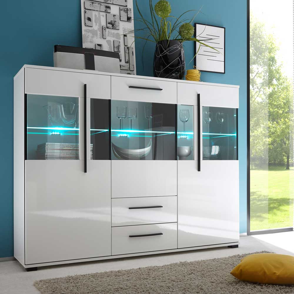 Pharao24.de Wohnzimmer Highboard in Weiß Hochglanz Glas