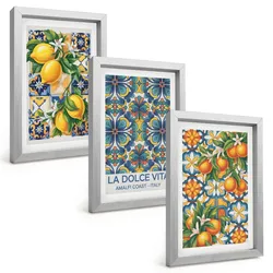 BILDER SET 3er Set - 20x30 cm Silberner Rahmen - Zitronen-Orangenblütenmuster